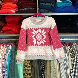 Loft pink/white/gray snowflake long sleeve crew neck sweater size XS